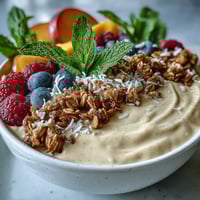 Vibrant tropical smoothie bowl with guava and mango base topped with crunchy granola, fresh berries, and coconut flakes for a refreshing breakfast.