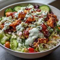 A colorful buffalo chicken bowl with tender chicken, crisp vegetables, and a drizzle of creamy ranch dressing.