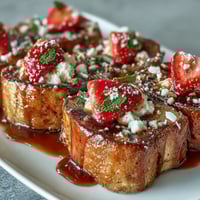 Golden Spring Brunch Strawberry French Toast Bake with fresh berries and toasted almonds, perfect for a festive morning gathering.  