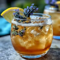 A vibrant glass of lavender lemonade spritz with fresh lemon slices and lavender sprigs, perfect for summer sipping.