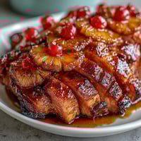 Honey glazed ham with pineapple, golden and glistening, perfect for a holiday feast.