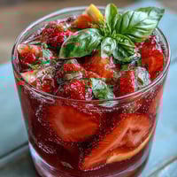 Strawberry Basil Sangria Mocktail with juicy berries, citrus slices, and fresh basil in a clear pitcher.
