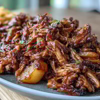 1. Slow cooker honey peach BBQ pulled pork with tender meat in rich, sweet sauce and juicy peach slices.  