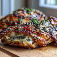 Golden roast chicken with herb butter under the skin, crispy exterior, and juicy meat, garnished with preserved lemon slices.