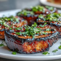 A glossy miso glaze caramelizes over roasted eggplant halves, creating a savory-sweet vegetarian side dish.  