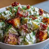 A vibrant bowl of Memorial Day potato salad with crispy bacon crumbles and fresh dill garnish, perfect for summer picnics.  