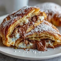 Decadent Dubai Chocolate Pistachio Croissant French Toast with melted dark chocolate and crushed pistachios, served warm with a dusting of powdered sugar.