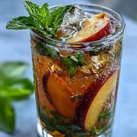 Refreshing iced peach green tea lemonade in a tall glass with ice, garnished with peach slices and mint leaves.  