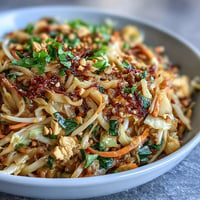 Vibrant cabbage Pad Thai with crunchy cabbage noodles, colorful vegetables, and a savory-sweet sauce topped with peanuts and fresh cilantro.