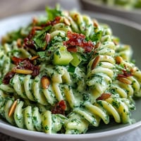 Creamy green goddess pasta salad with avocado-basil dressing, cherry tomatoes, and spinach in a bright, fresh bowl.