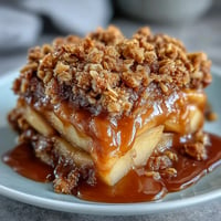 Warm Father's Day Whiskey Caramel Apple Crisp with gooey caramel and crunchy oat topping.