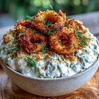 Creamy fried pickle dip piled high with golden, crispy pickle garnishes.