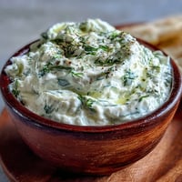 Creamy Skyr Tzatziki Dip with fresh cucumber and dill, ready to serve.