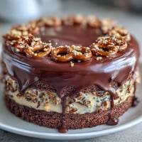 Decadent Father's Day Chocolate Peanut Butter Pretzel Cake, layered with creamy filling and crunchy pretzel bits.